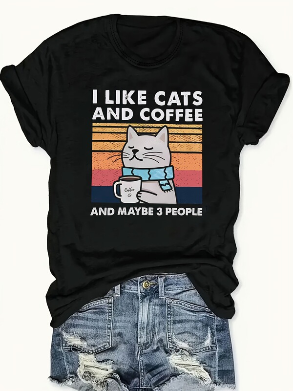 Plus Size Ladies Short Sleeve T-Shirt - Black Cat with Coffee Graphic with'I Love Cats and Coffee' Slogan
