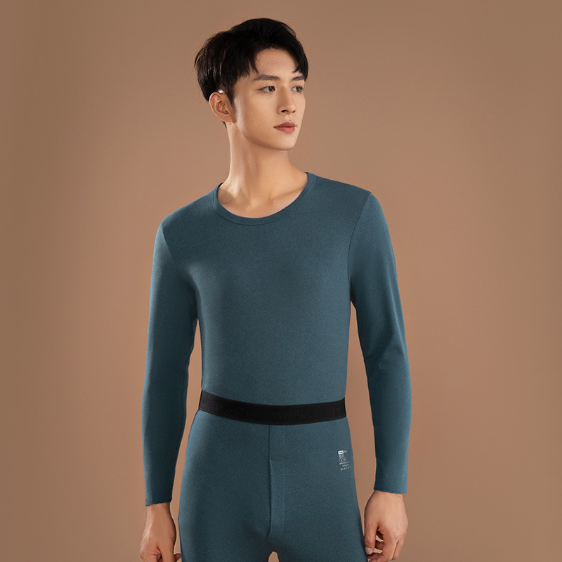 Ropa interior térmica de los hombres Calzoncillos largos finos de calefacción sin costuras traje de los hombres jóvenes de color sólido cuello redondo terciopelo Calzoncillos largos