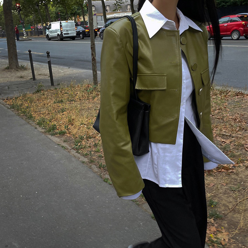 Korean Women's Clothing Dongdaemun High-Quality Short Leather Jacket Pu Leather Elegant Jacket Cardigan Leather Jacket Korean Style Outerwear