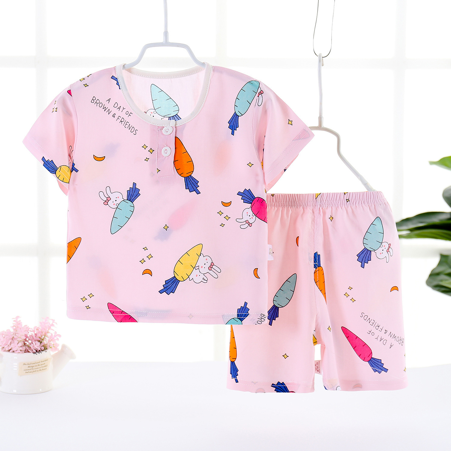 21儿童棉绸短袖套装男女宝宝空调服中小童绵绸家居服童装一件代发|ms