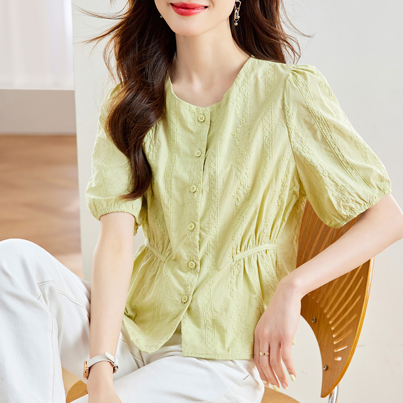 Cotton Cocoon 2026 Summer New Short-Sleeve Round-Neck Shirt for Women, Korean Style, Niche Design, Loose Fit, Elegant Cotton Cocoon 2026 Summer New Short-Sleeve Round-Neck Shirt for Women, Korean Style, Niche Design, Loose Fit, Elegant