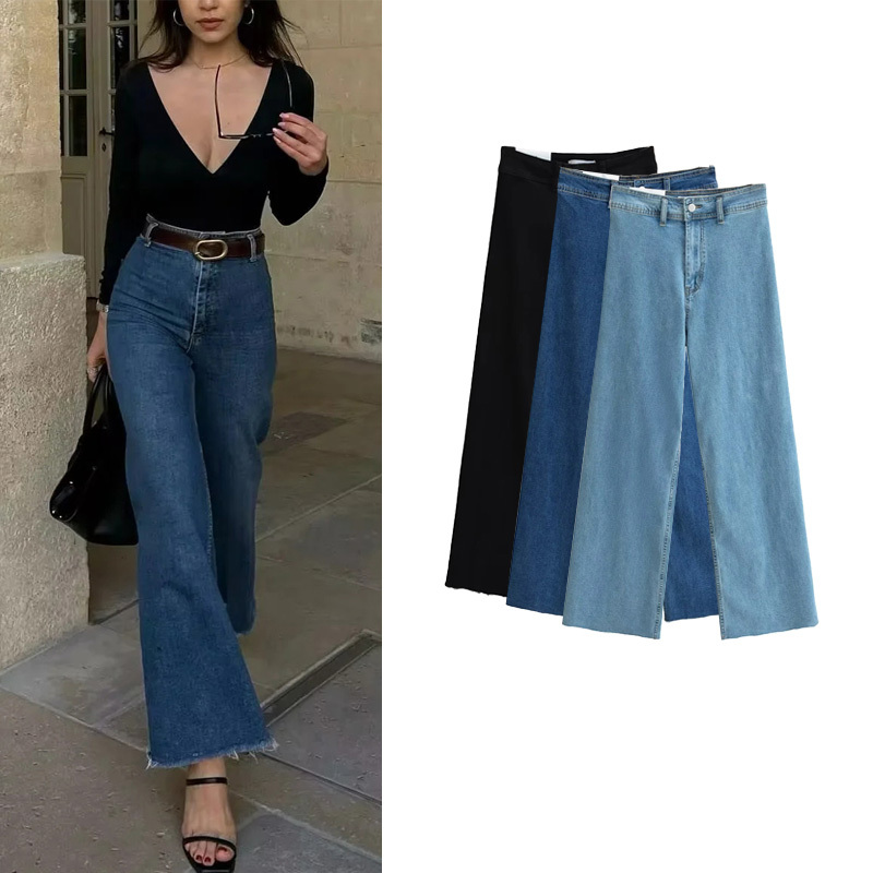 ZA Autumn New Women's Clothing French Retro Fashion All-match High Waist Elastic Navy Style Denim Trousers