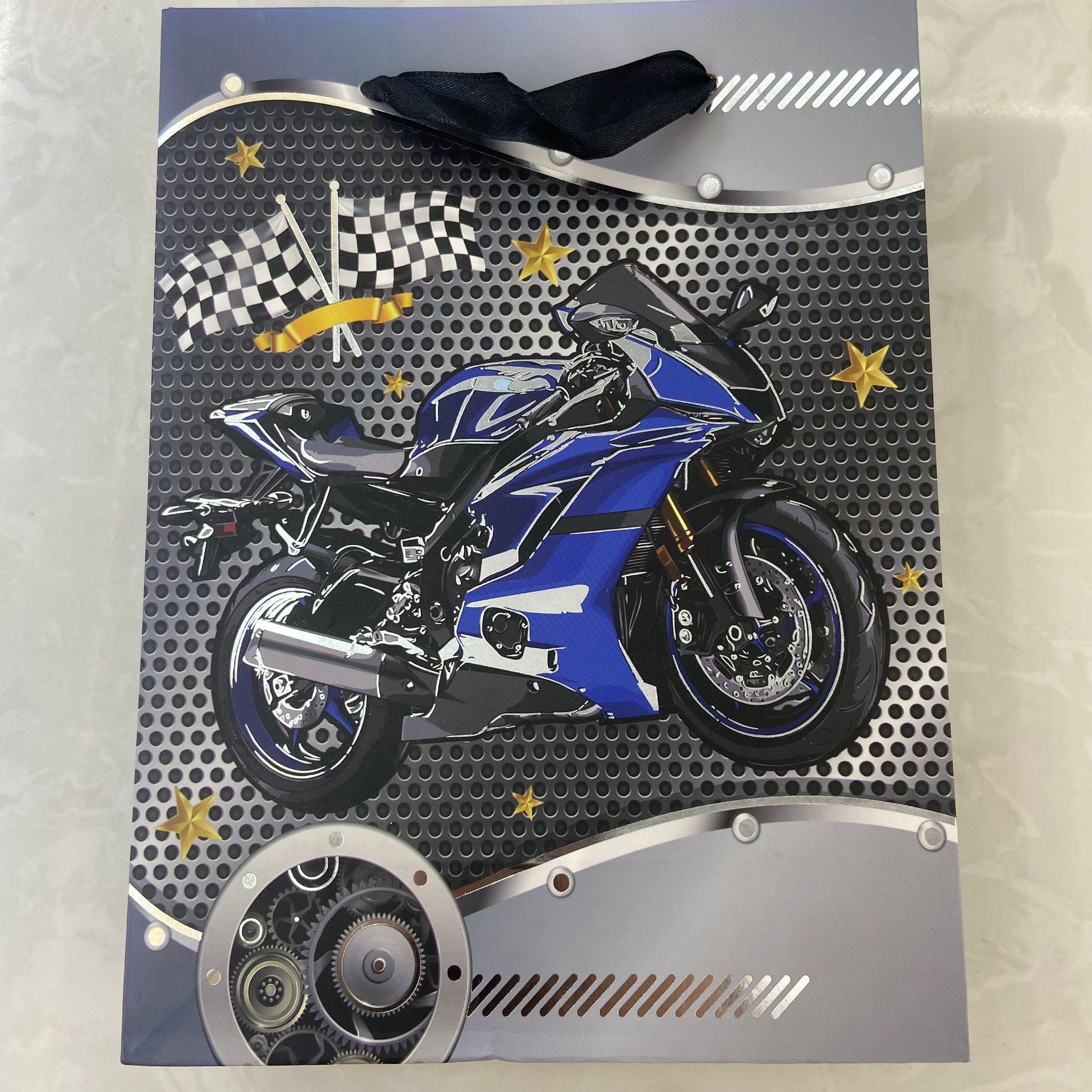 Bolsas de regalo de cumpleaños de alto nivel, bolsas de mano, bolsas de papel de embalaje de motocicleta simples, bolsas de regalo de mano
