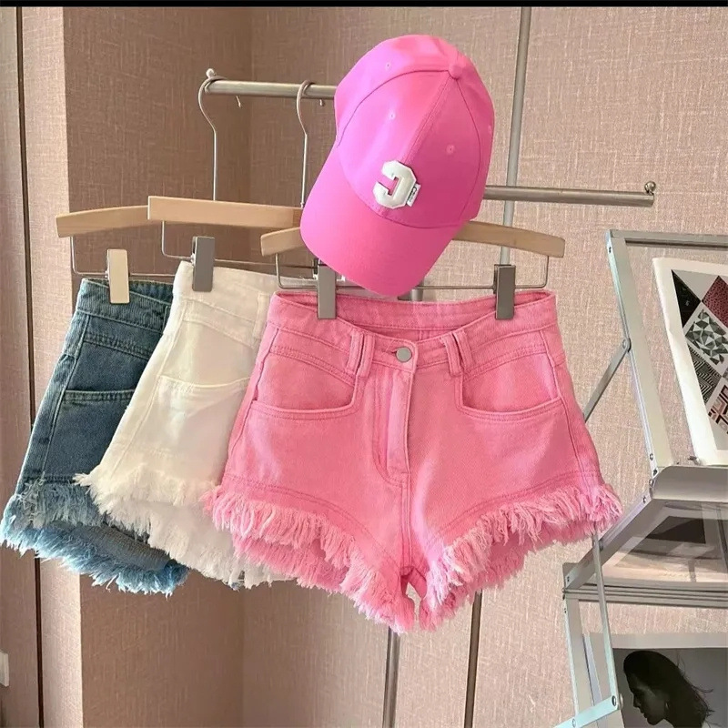 Mid-Waist Korean Casual Hong Kong Flavor Fringe Hot Girl Denim Shorts Hot Pants Summer Rick Western Style 2024 Pink