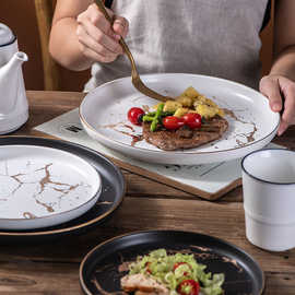 北欧10寸哑光陶瓷餐盘餐厅复古大理石金纹圆盘西餐盘牛排盘子批发