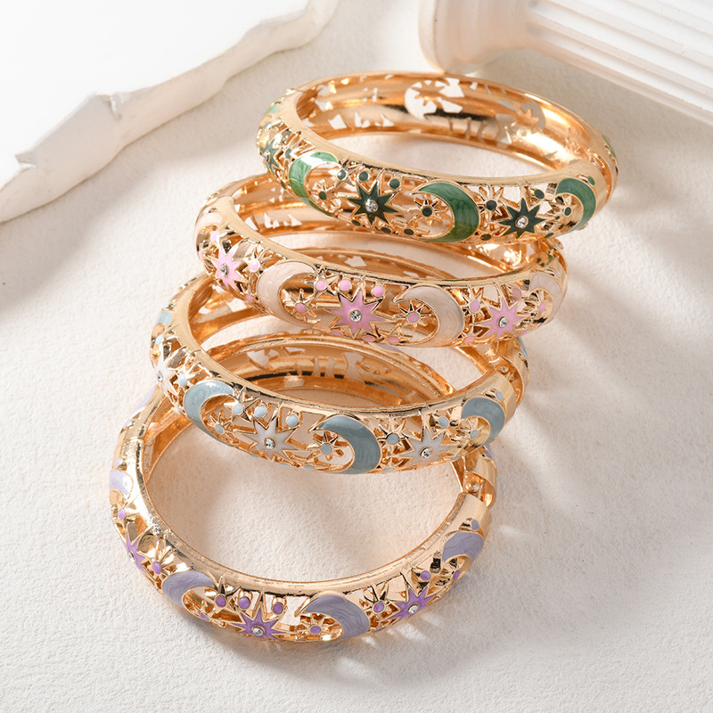 Dopamine-Style Star and Moon Enamel Bracelet, Multi-Color Hollow Open Bracelet, Wholesale Purchase