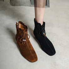 洋气内增高博肯小短靴女2025秋冬百搭平底羊皮堆堆靴复古串珠流苏