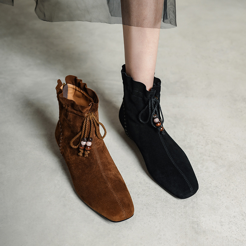 洋气内增高博肯小短靴女2025秋冬百搭平底羊皮堆堆靴复古串珠流苏