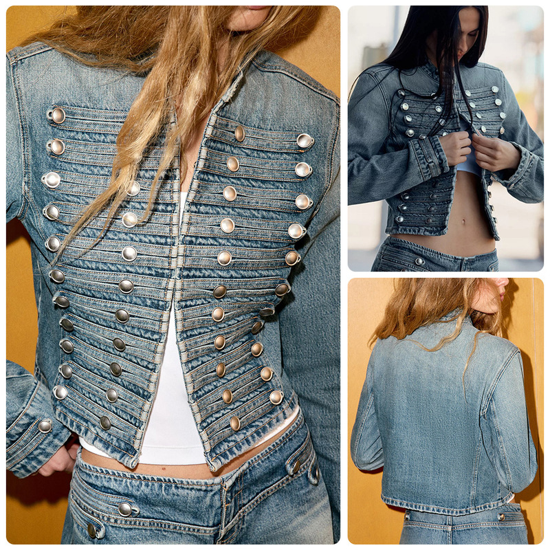Distressed Washed Denim Stand-Collar Short Jacket Set with Heavy Embellishments, Low-Waist Hot Girl Style Shorts Two-Piece Set Distressed Washed Denim Stand-Collar Short Jacket Set with Heavy Embellishments, Low-Waist Hot Girl Style Shorts Two-Piece Set