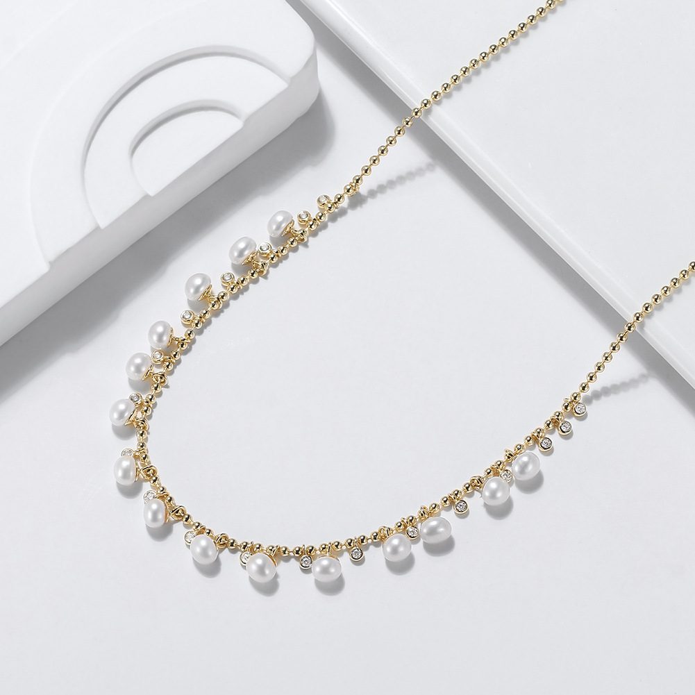 1 Piece Quantity Daily, Date Occasion 925 Sterling Silver Freshwater Pearl Zircon Ball Chain Plating Inlay Round Necklace