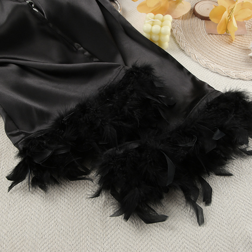 2024 Herbst Schwarz Tintin Gespleißt Feder Nachtwäsche Zwei Stück Set Lose Langarm Hosen frauen Hause Kleidung_voghion.com