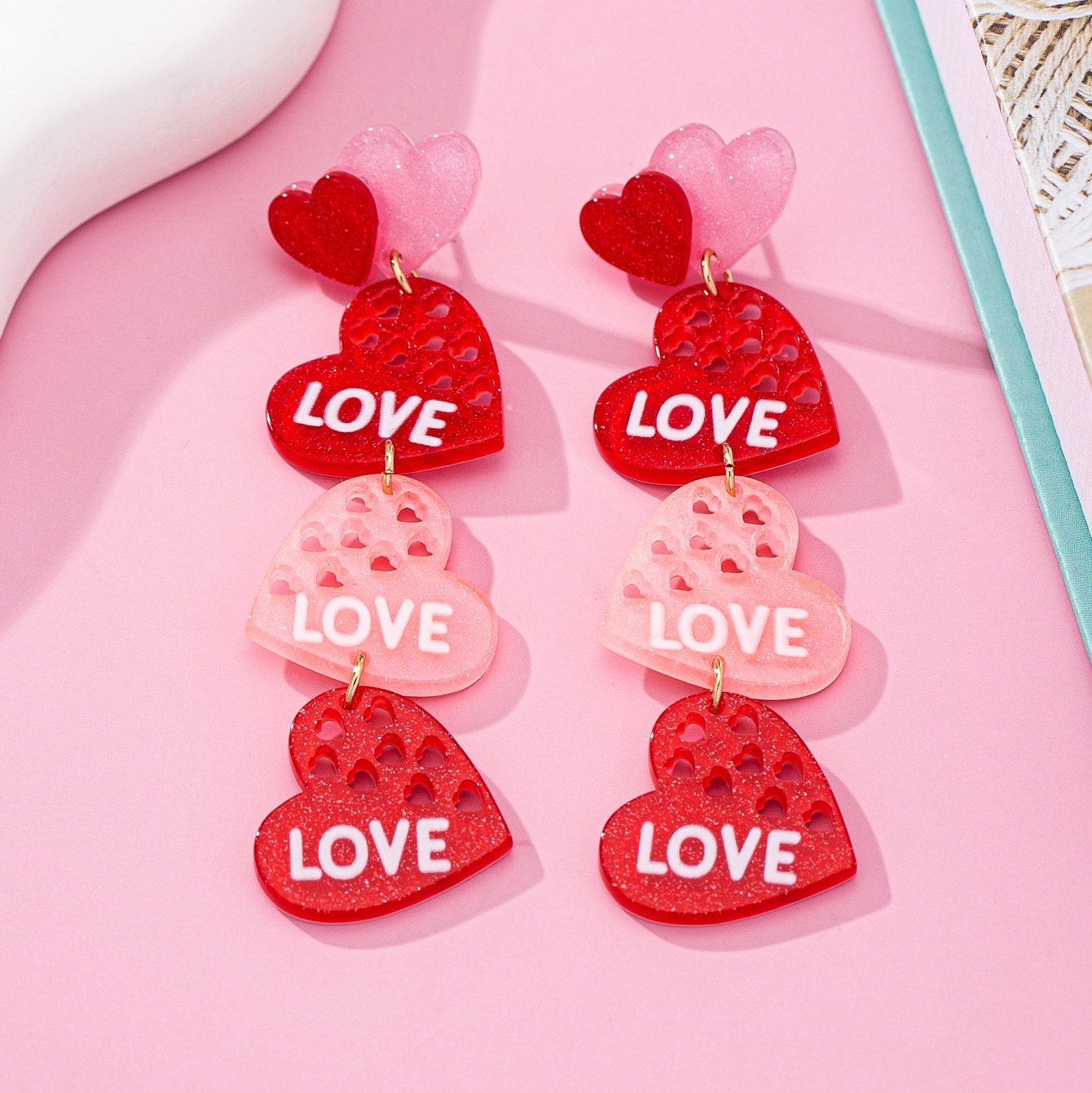 10g Weight 1 Pair Sweet Letter Heart Shape Arylic Drop Earrings