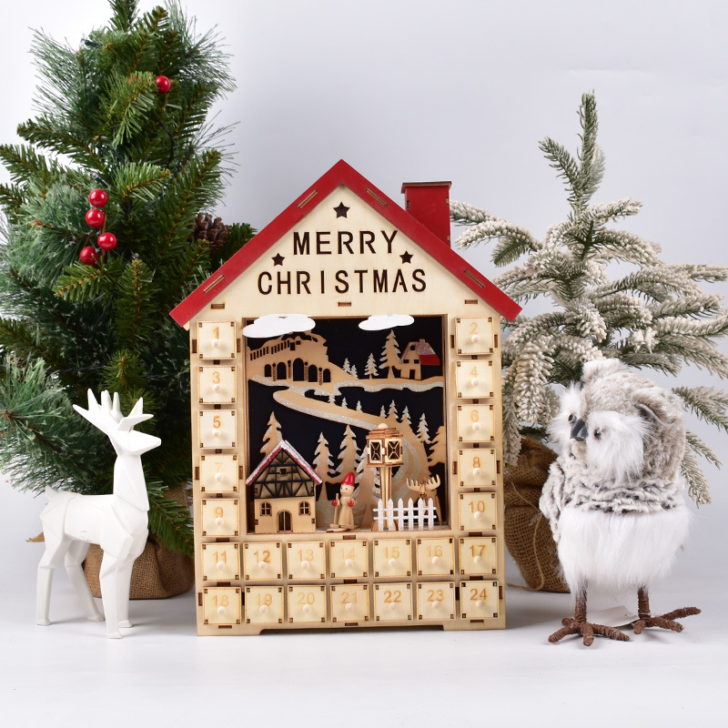 Decoraciones de Navidad hechas a mano de madera luminosa casa DIY caja de calendario creativo decoración de escritorio ventanas de diseño props image 2