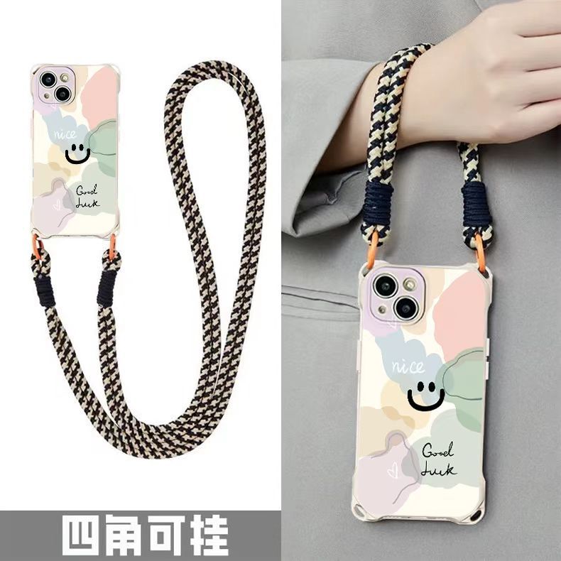 Rainbow Smiley Face Suitable for Apple 15Promax Mobile Phone Case Diagonal 14 Lanyard Internet Celebrity Iphone13 Can Be Carried on the Back 16