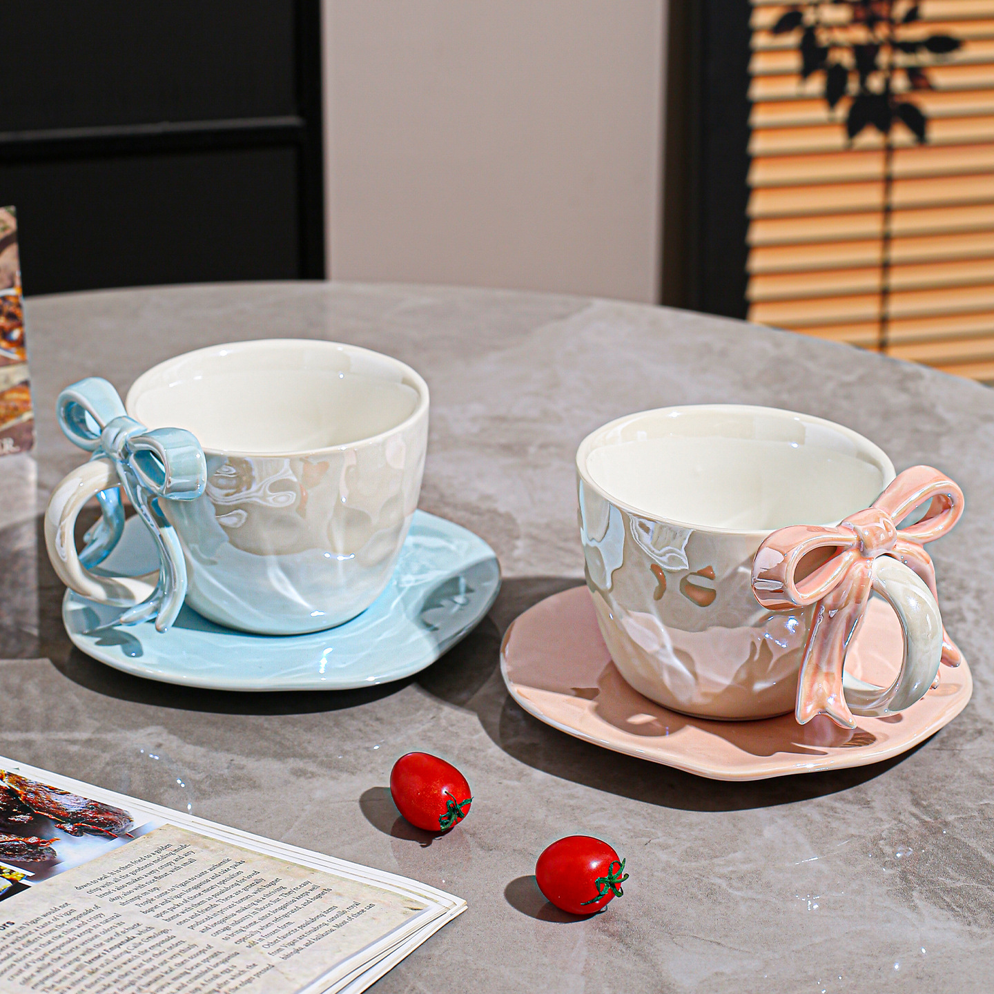 Cross-Border Coffee And Saucer Set With Bowknot, Unique Design Ceramic Mug, High-Value Aesthetic Water Cup For Women_voghion.com