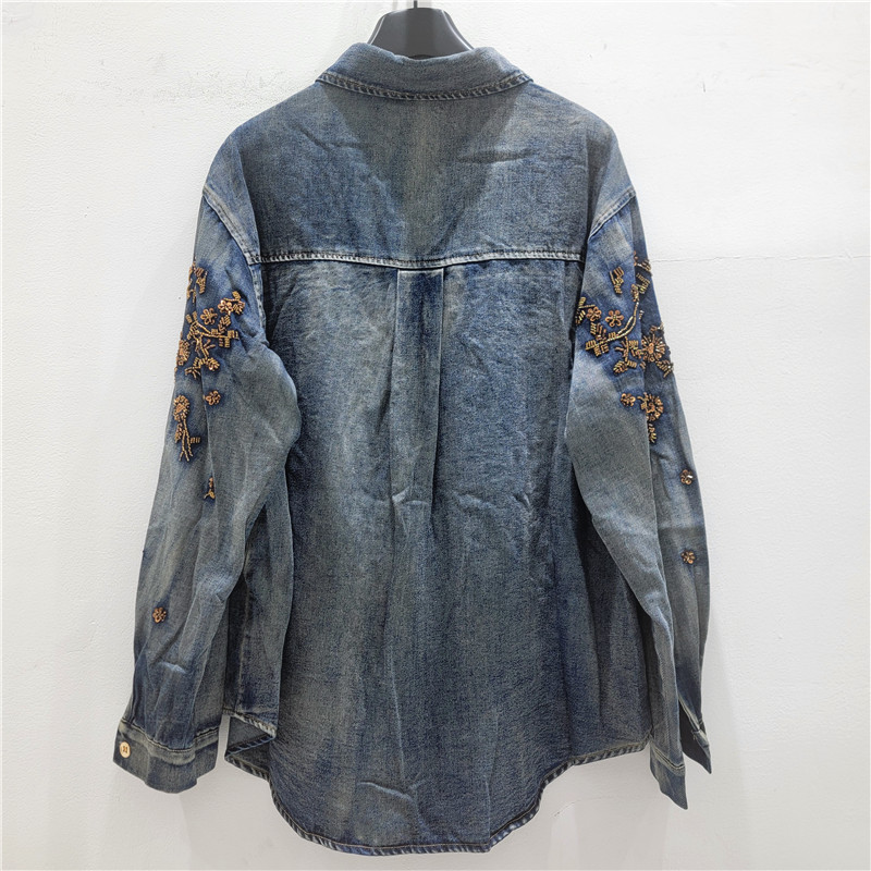 Camisa Vaquera Bordada de Solapa de Mezclilla y Poliéster, Cuello de Solapa, Manga Larga, Empalme