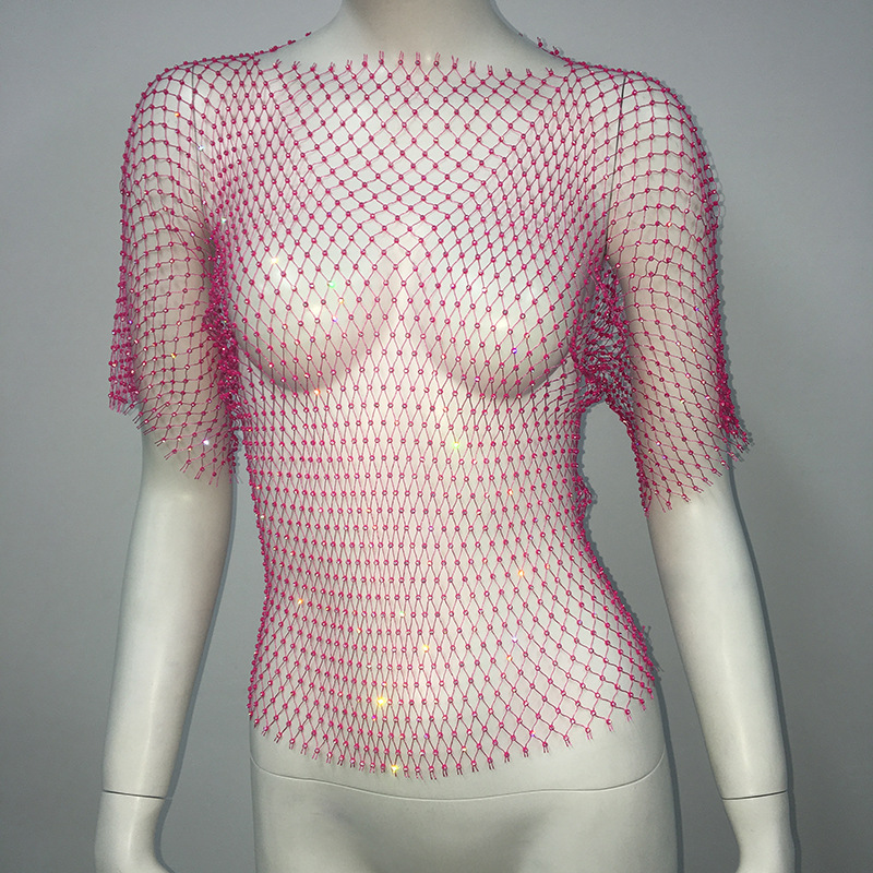 De Europa y América transfronteriza de las mujeres calientes de malla de diamantes de imitación red de pesca de manga larga Sexy Slim rhinestone Top party chica caliente de manga larga