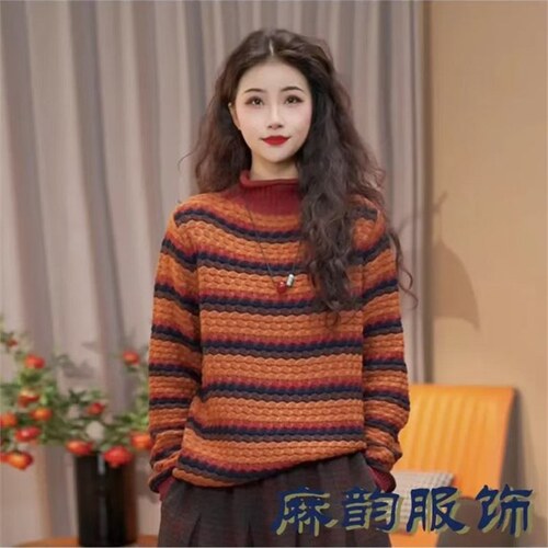 Live Streaming Bestselling Autumn/Winter New Fashion Trendy Color Block Striped Half-Neck Knit Sweater