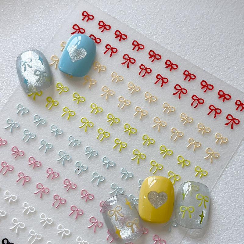 Embossed Bow Nail Art Stickers Internet Celebrity Hot Style Stereo Black and White Colorful Hot Stamping Bow with Adhesive Nail Stickers