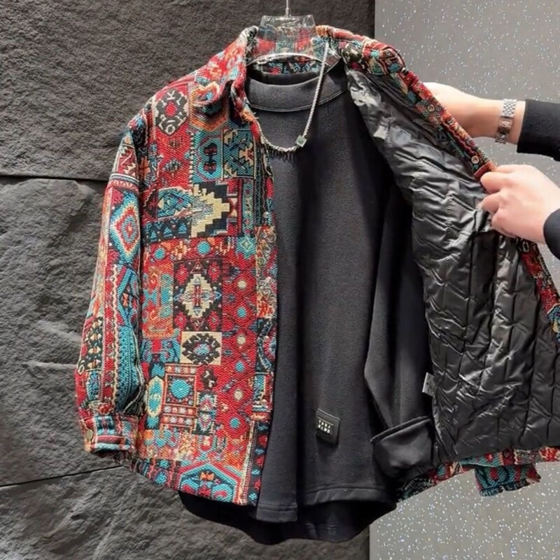 Ethnic-style jacquard casual shirt jacket for men, new autumn collection, versatile loose-fit, warm cotton coat with a swallowtail design Ethnic-style jacquard casual shirt jacket for men, new autumn collection, versatile loose-fit, warm cotton coat with a swallowtail design