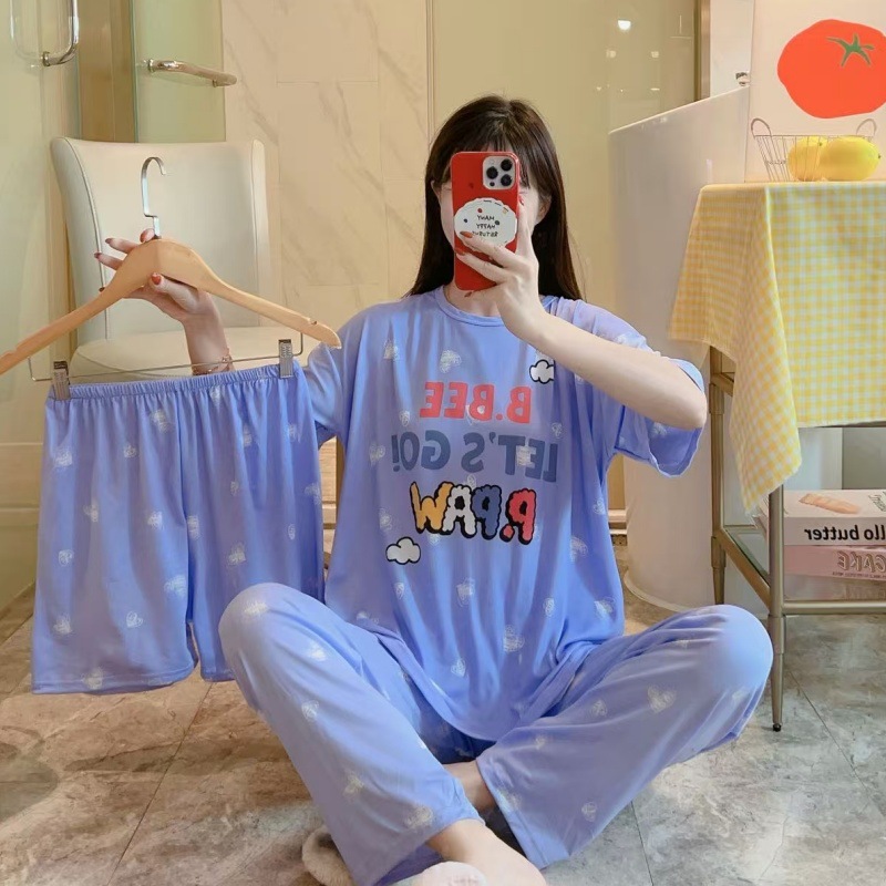 Pijamas de verano transfronterizos pijamas de leche de seda de tres piezas set de dibujos animados comercio exterior ropa para el hogar pantalones de mangas cortas lindos