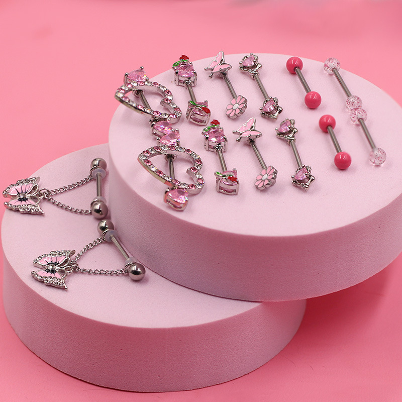 Gebai European And American Cross-border Series Set: Heart-shaped Pink Zircon Breast Ring, Niche Aesthetic Piercing_voghion.com