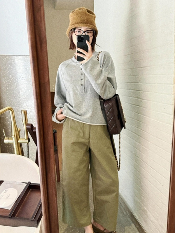 灰色卷边半纽扣设计感长袖T恤女2025新款秋季韩系穿搭慵懒风上衣|undefined