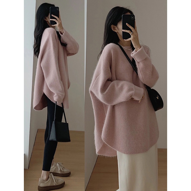Estilo coreano suave estilo perezoso Otoño e Invierno 2023 nuevo suéter de color sólido superior suéter de longitud media para las mujeres