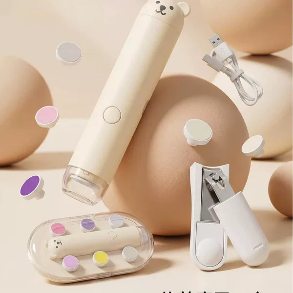 Rechargeable electric nail grinder for babies, featuring a baby nail clipper, anti-pinch design, quiet operation, and soft lighting, suitable for newborns
