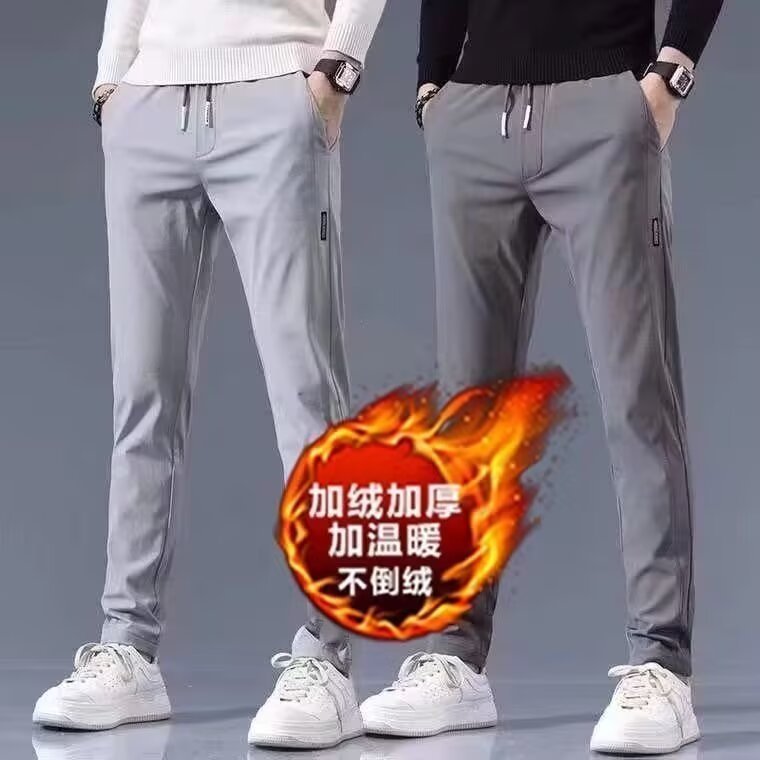 新款秋冬款加绒厚款保暖裤子时尚百搭运动长裤男士休闲裤直筒修身