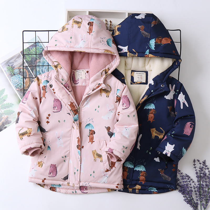 Cartoon Rabbit and Cat Fleece-lined Thick Cotton Jacket for Girls 2024 Winter New Children's Apparel Cotton Coat