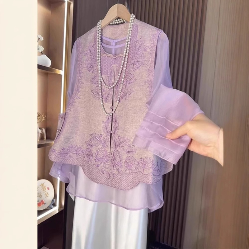 2025 New Summer and Autumn Style Beautiful New Chinese Style Exquisite Jacquard Embroider Purple Vest Light Sun Protection Shirt Suit for Women