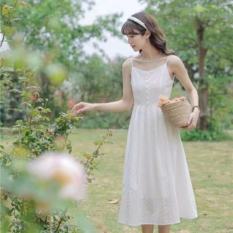 Hot m White Dress That Can Be Tie-Dyed, Made of Pure Cotton, Simple and Fresh, French Jacquard Texture, Spaghetti Strap Dress