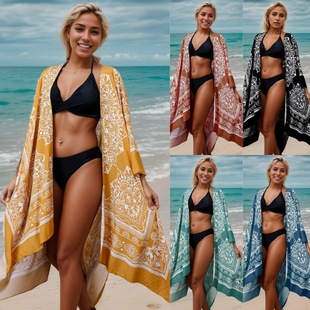Cross Border Vacation Printed Kimono Blouse Loose Beach Cardigan Jacket Women's Gini Blouse Amazon KIMONO