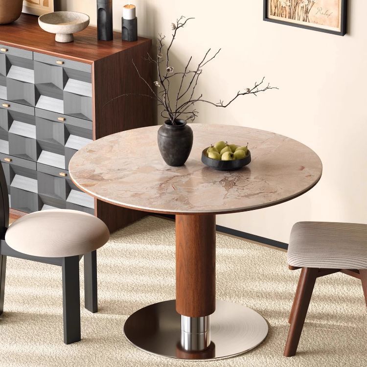 Medieval Style Retro Solid Wood Slate Dining Table Household Stainless Steel Round Negotiation Dining Table Via Round Dining Table