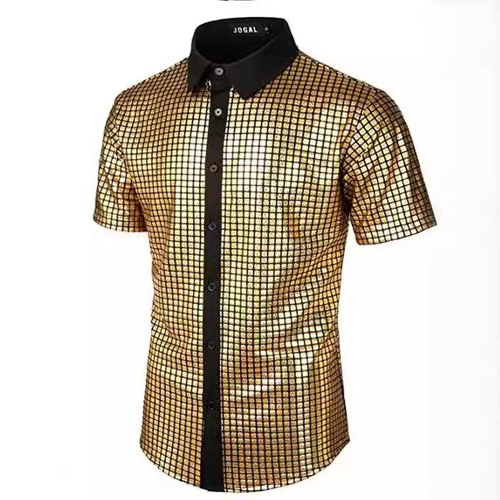  Men's Formal Shirt Glitter Button Shirt 1970s Disco Party Costume Xuan Zi