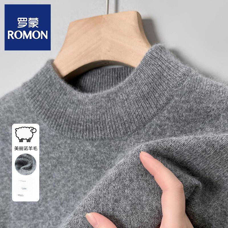 Romon Autumn and Winter Thickeneded Wool Sweater Men's 100 Pure Wool Half Turtleneck Knitted Pure Color Inner Cashmere Sweater