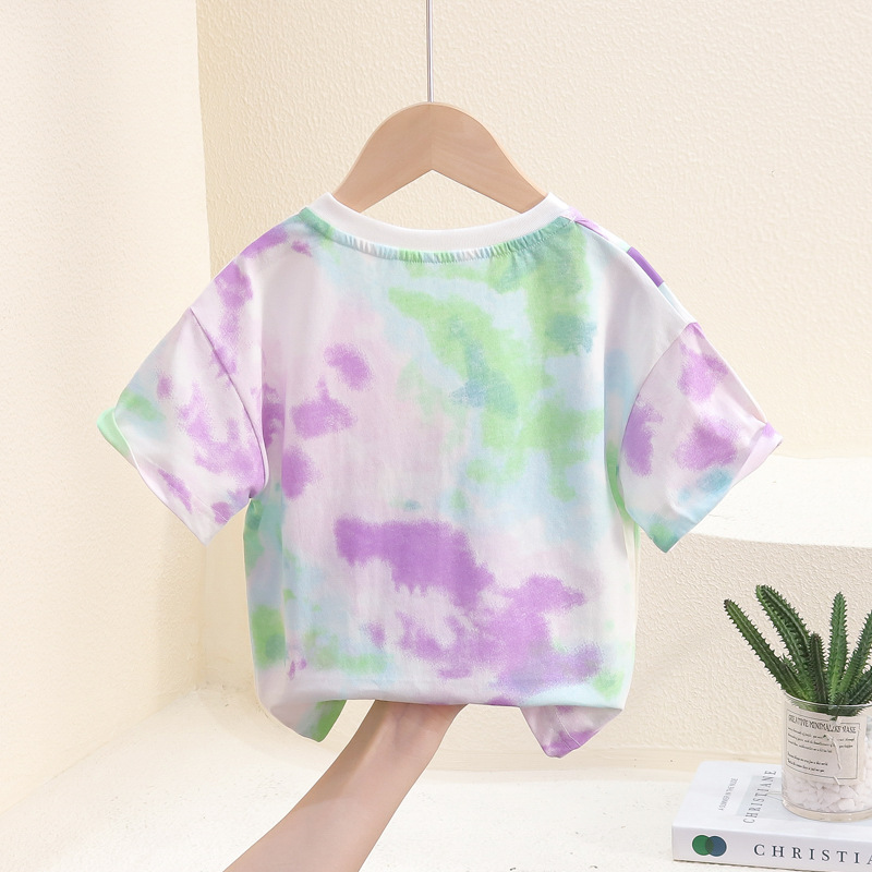 7817 Camiseta de manga corta de verano para niños nuevo estilo, bolso de hombro con personalidad guapo, top de media manga teñido anudado, vestido de verano para bebés