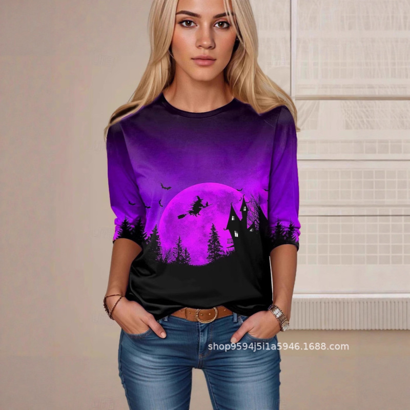 2025 Halloween Style Shirt Printed T-Shirt 3D Graphic Printed Round Neck Long-Sleeved T-Shirt Casual Loose European and American