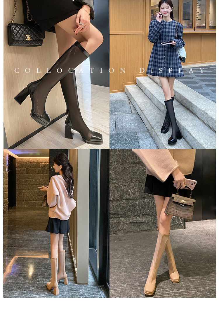 Boot nữ mũi vuông da bò lưới thoáng khí gót dày có khóa kéo sau đế chống nước — đen, mơ chi tiết 1
