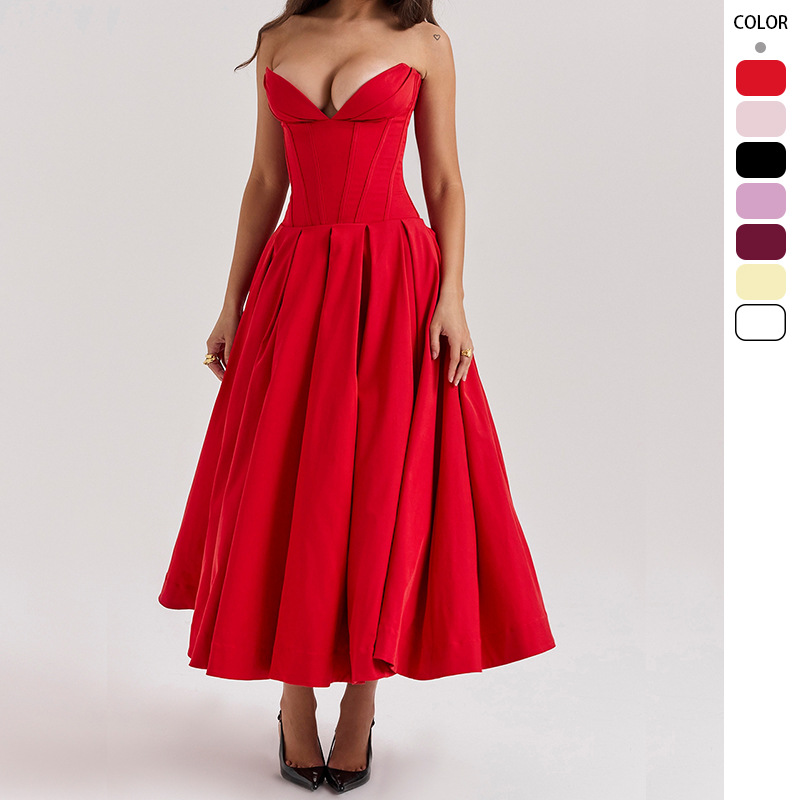 European and American Cross-border 2025 Spring Women's dress Sexy Spice Sleeveless Mid-length Solid Color Strapless dress Women