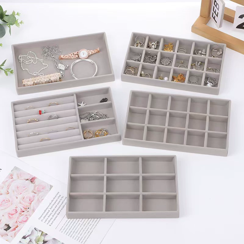 Серый бархатный поднос для украшений без крышки, подставка для колец и сережек, оптовая продажа, изысканный высококлассный органайзер для хранения