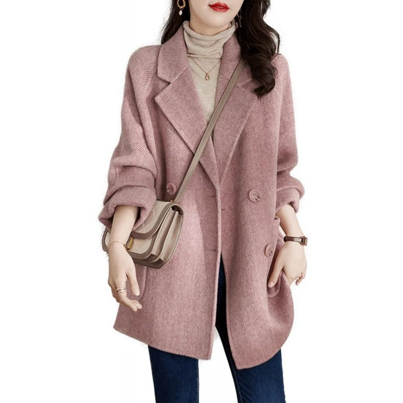 Demi-season fuchsia woolen coat for leisure, long jacket, Korean style, for teenagers, mid-length