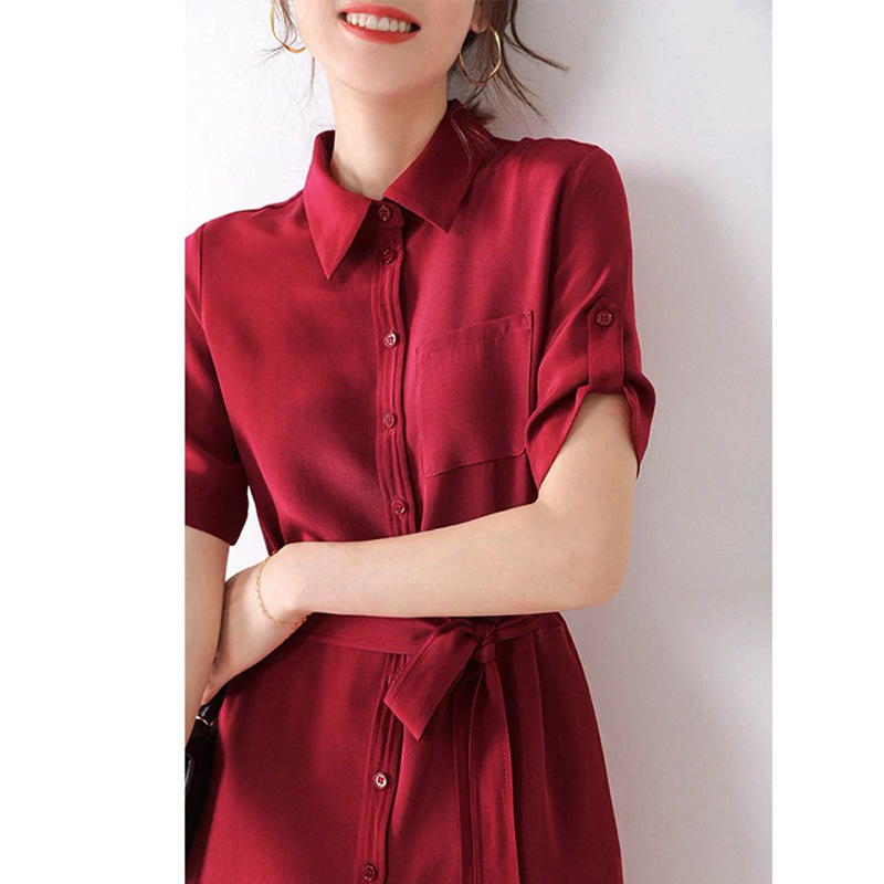 In-Stock Wholesale from Manufacturer, Finely Tailored with a Draping Feel, Heavy Silk Texture, Polo Collar Shirt Dress for Women