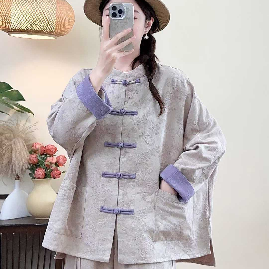 2025秋款棉麻提花大码国风盘扣上衣民族风立领贴袋女士外套