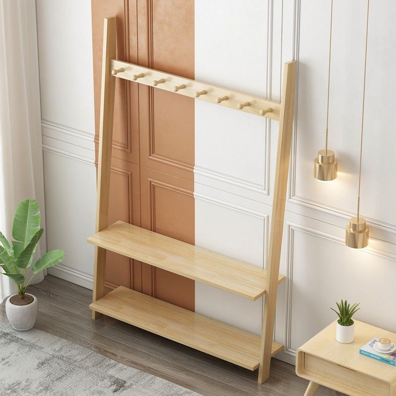 Solid Wood Floor-Standing Multifunctional Simple Coat Rack for Living Room and Bedroom, Wall-Mounted Clothes Rack and Storage Shelf