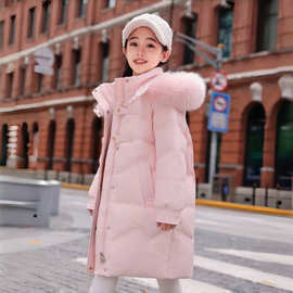 女童羽绒棉服2024新款女孩连帽中长款加厚保暖棉服袄宝宝冬季外套