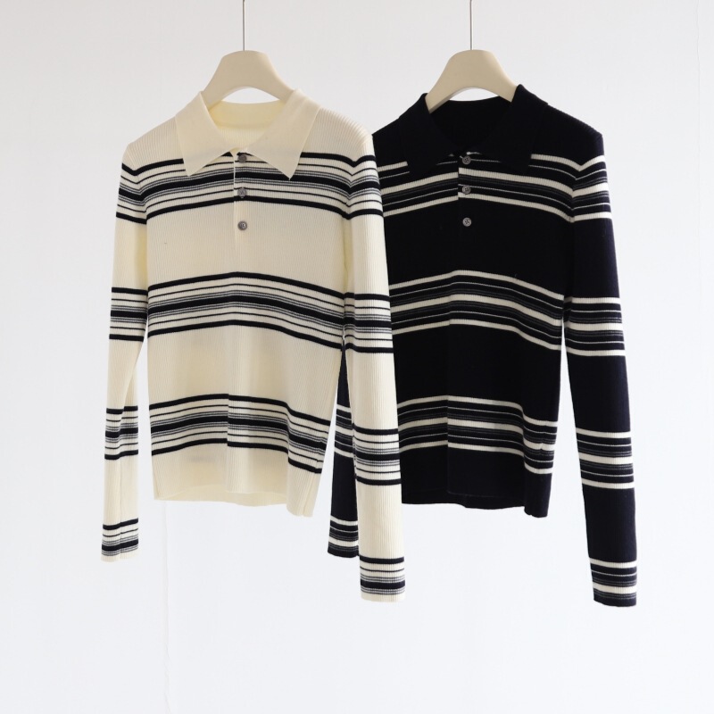 Autumn and Winter Return Thickened Contrast Color Striped POLO Collar Wool Knitwear Slim-fit Slimming Pit-strip Base-layer Sweater for Women