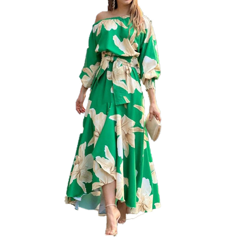 Women's Regular Dress Vacation Oblique Collar Printing Bowknot Long Sleeve Printing Maxi Long Dress Holiday Beach display picture 2