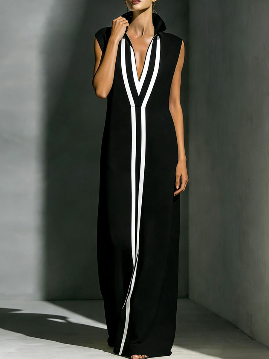 Elegant V-Neck Color-Block Casual Midi Dress For Women, Breathable Stretch A-Line Sundress For Daily Wear, Travel, And Office_ecoleips.com